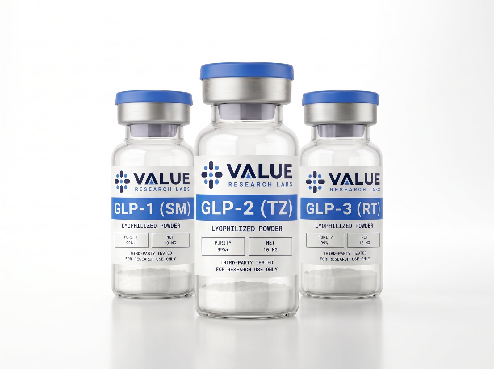 Research vials labelled GLP-1 (SM), GLP-2 (TZ) and GLP-3 (RT)